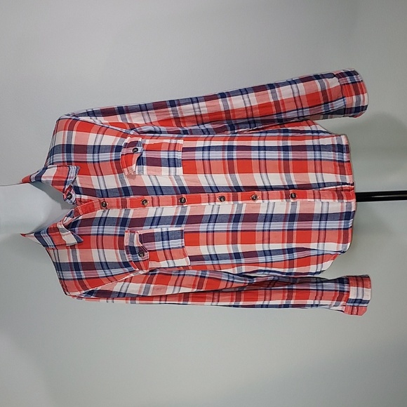 2000's Forever 21 Red Blue White Long Sleeve Plaid Button Up Shirt Size Large - Picture 1 of 12